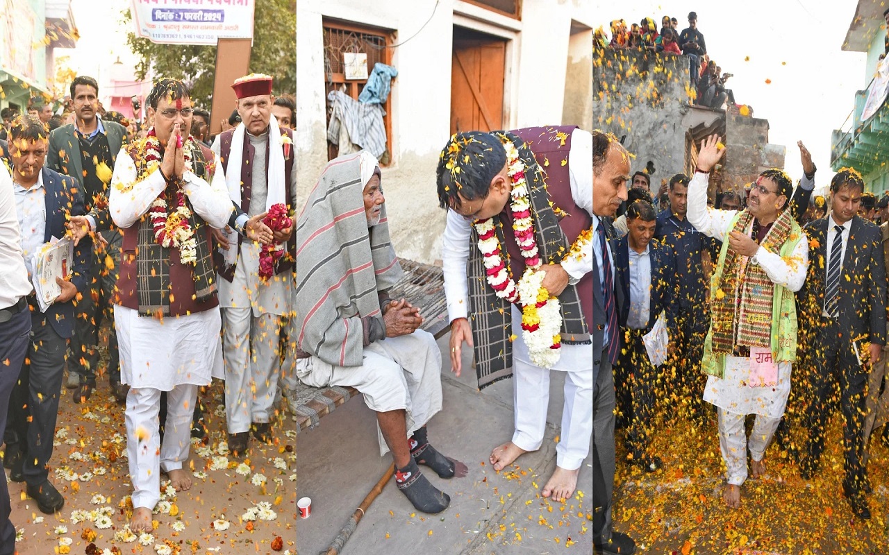 Rajasthan: Chief Minister Bhajan Lal reached his village for the first time after becoming the Chief Minister, accepted the greeting by smoking barefoot.