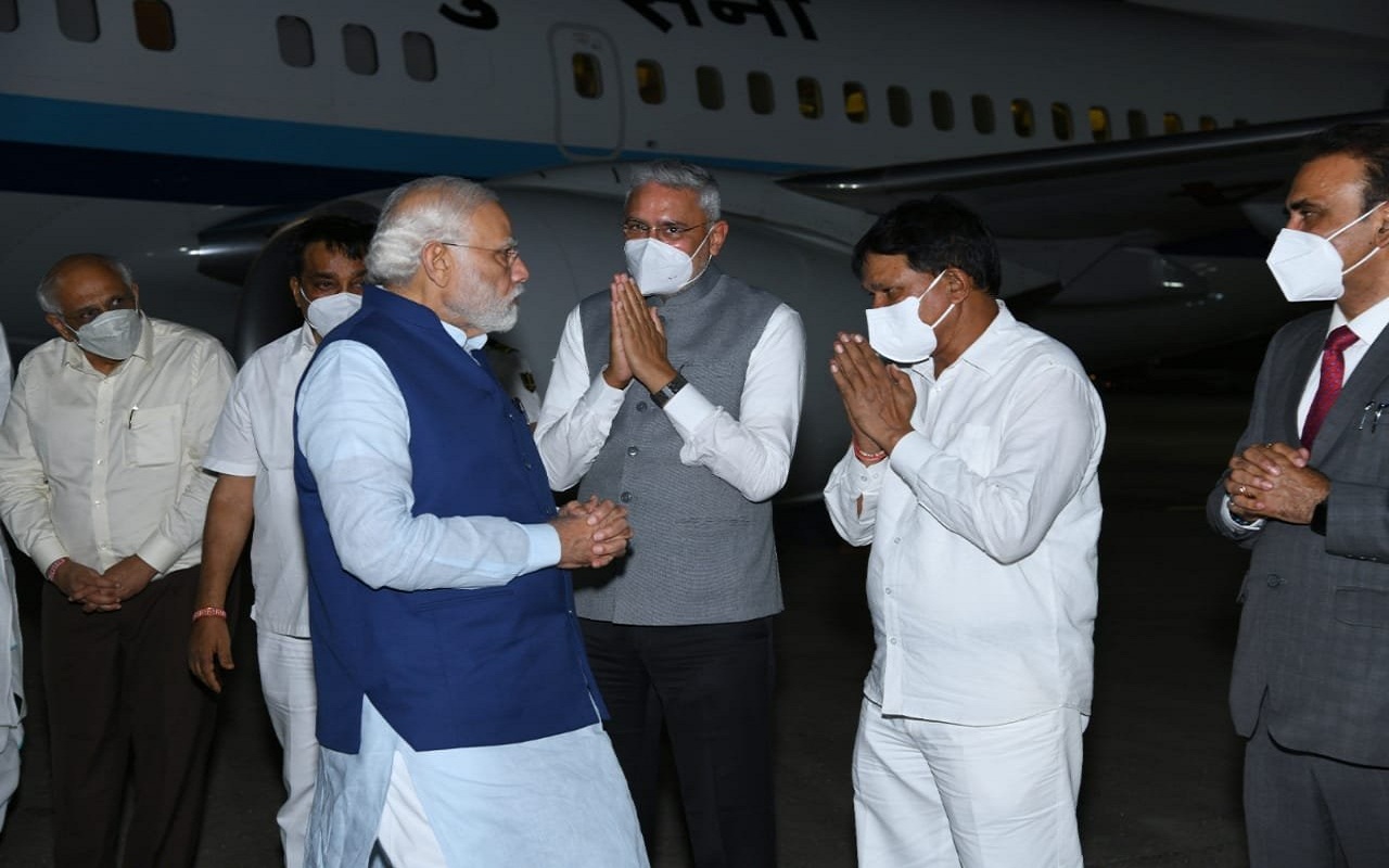 PM Modi: Devvrat, Patel welcome Modi at Ahmedabad airport