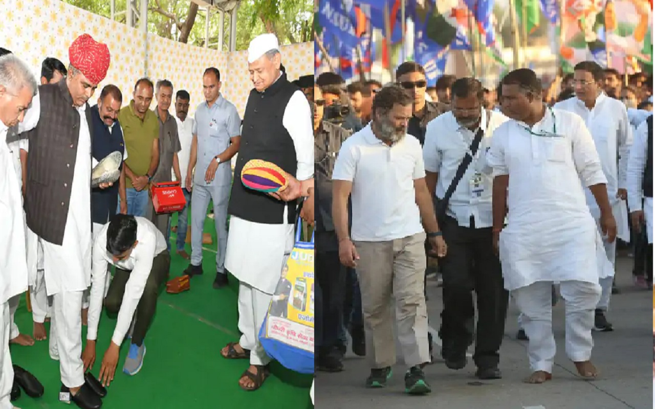 Rajasthan: In the presence of Chief Minister Gehlot, MLA Madan Prajapat wore shoes, supporters presented 750 grams of silver shoes